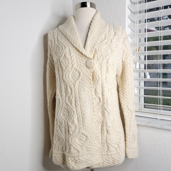INIS CRAFTS Merino Wool Chunky Knit Cardigan Cream M. - Picture 2 of 9